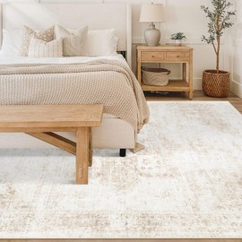 Area Rug 6x9 Washable Rug, Vintage Boho Medallion Rugs Non-Slip Soft Low Pile Large Distressed Rug Indoor Retro Carpet for Living Room Bedroom Dining Room Home Office (Beige, 6'x9')