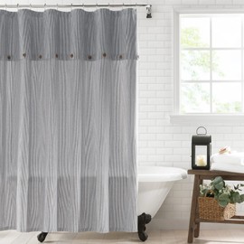 Elrene Home Fashions Tucker Ticking-Stripe Fabric Shower Curtain with Button Detail, (Black), (72X72)