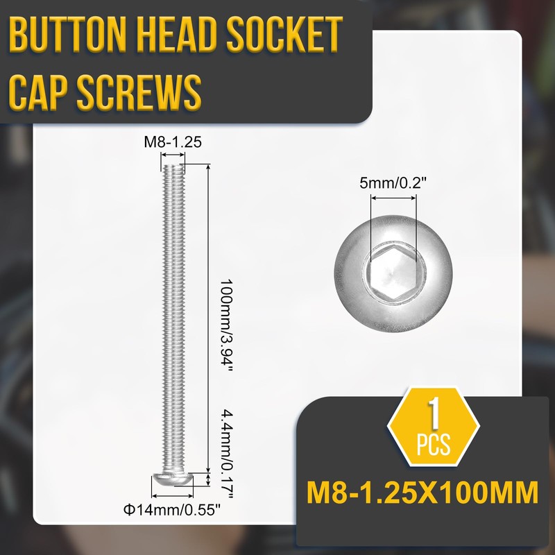 DTGN M8-1.25x100mm ボタンヘッドキャップボルト1パック ロードバイク マウンテンバイク 自動車 オートバイに最適 316ステンレススチール 白華処理仕上げ 六角ドライブファスナー