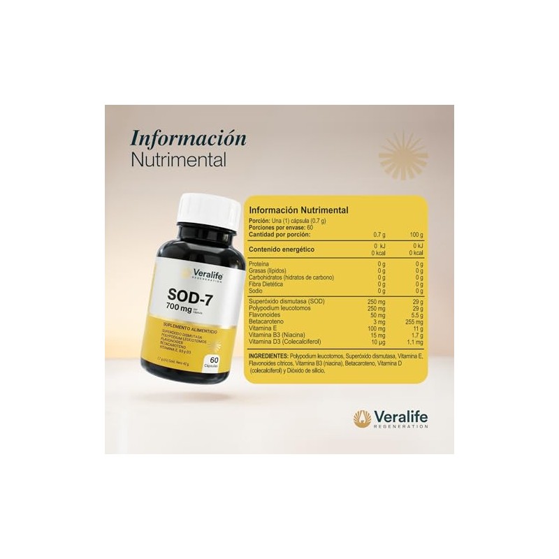 Veralife Sod Superóxido Dismutasa Glutation Nac Polypodium Vitaminas Cápsulas 700mg