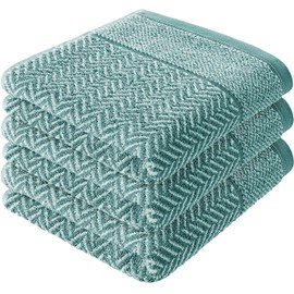 herzbach home Hand Towel Set 100% Cotton Patterned (Ocean Green / White, 3 Hand Towels 50 x 100 cm)