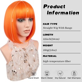 MAYSA Short Straight Bob Bangs Wig Orange Bob Hair Wigs with Bangs 12in Colorful Synthetic Cosplay Daily Party Wig for Women # Orange