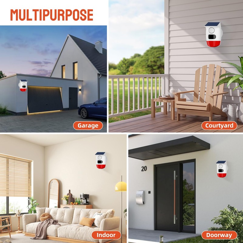 Solar Outdoor Motion Sensor Alarm, Waterproof Solar Strobe Siren Alarm