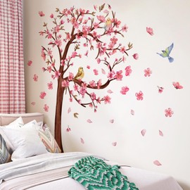 3D Flower Tree Wall Decals Peel and Stick Large Cherry Blossom Stickers for Wall in Heart Shape with Birds Removable Wall Stickers & Murals for Living Room Bedroom Girl Nursery Classroom Home Decor