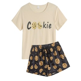 VENTELAN Women's Cute Cartoon Print Tee and Shorts Pjs Set XS-XXXL Apricot