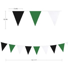 32Ft Black Green White Pennant Banner Flag Triangle Fabric Bunting Garland for Birthday Graduation Wedding Engagement Baby Shower Video Game Soccer Theme Party Decorations Home Nursery Classroom Decor
