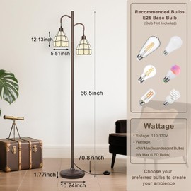 Tiffany Style Stained Glass Floor Lamp, Vintage Mid Century Tall Standing Lamp with Dual Shades, Modern Farmhouse Decorative Corner Rustic Tree Light for Living Room Bedroom Home Office(E26 Base)