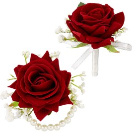 SITUMEIZI 2Pcs Red Corsage and Boutonniere Set,Corsage Wristlet for Prom Decor,Boutonniere for Men Wedding Flowers Accessories Party Suit Decoration