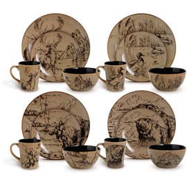 TRP 16 Piece Brown Rustic Stoneware Dinnerware Set, Country Animal Nature Themed Design, Resistant to Breakage, Durable for 4, Dinner/Salad Plates, Soup Bowl & Mugs