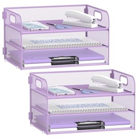 Daltack 3-Tier Paper Organizer with Handle, Mesh Desk Organizer Letter Tray, Paper Tray Organizer File Organizer for A4 File Folder, Purple 2 Pack