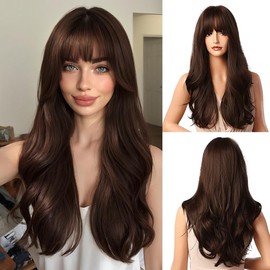 25 Inch/65 cm Lange Gewellt Perücke mit Pony für Frauen Natuaral Hitzebeständige Synthetisches Haar Perücken Cosplay Kostüm Charmante Perücke für Tägliche Party Verwendung