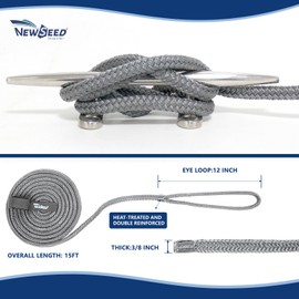 MALZE-NEWSEED 4 Pack 3/8" x 15' Dock Lines Double Braided Nylon Boat Rope with 12" Eyelets, Marine Grade Premium Mooring Lines for Docking Boat & Pontoon, Grey
