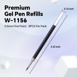 WRITECH W-1156 Gel Pen Refills: 0.5mm Fine Point, Black Ink, 8-Pack Retractable Gel Pen Refills, Quick-Dry Smooth Writing