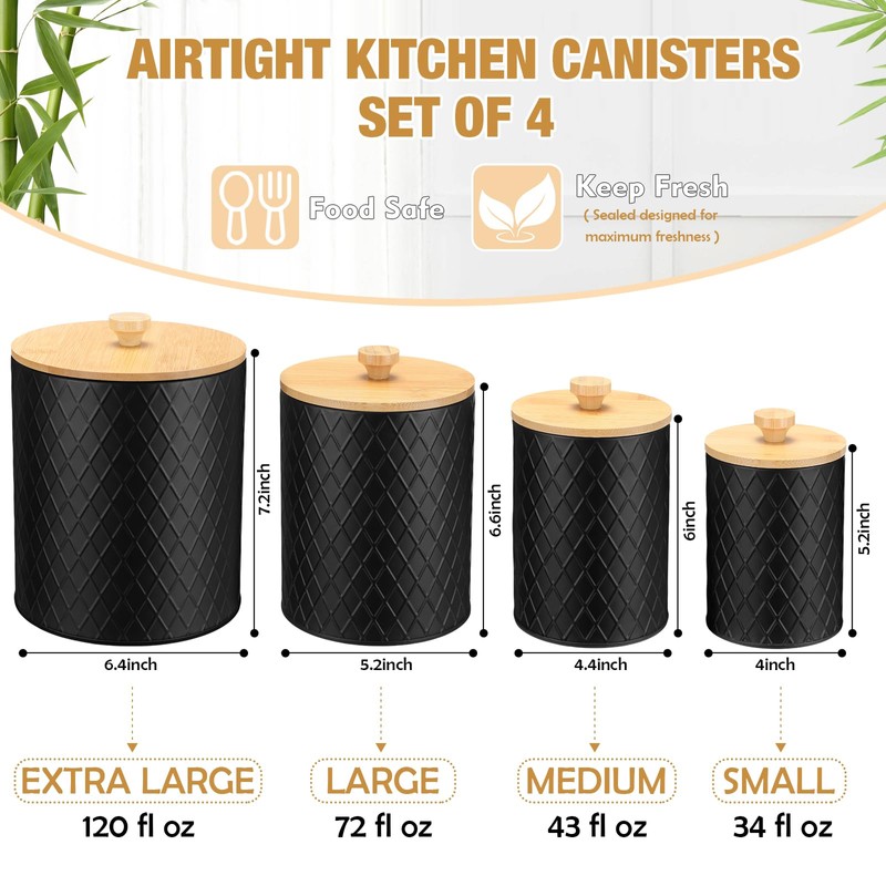 Reallnaive 4 Pcs Black Coffee Canister Set for Kitchen Countertop