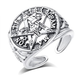 AEONSLOVE Wolf Ring 925 Silver for Men and Women Tetragrammaton Pentagram Ring Adjustable Silver 925 Open Ring Wolf Vintage, Sterling Silver