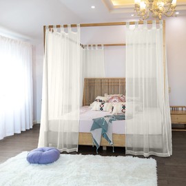 Linentalks Sheer Canopy Bed Curtains for King, Queen, Full and Twin Bed, 4 Corner Bed Canopies & Drapes, Four Poster Bed Canopy Curtains Beds, Sheer Curtains for Canopy Bed Drapes, Ivory