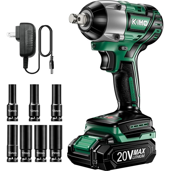 KIMO Impact Wrench 1/2 Inch, Cordless Impact Wrench Kit w/Premium Brake Stop, 7 Sockets, 1/2 Impact Gun, Brushless High Torque Impact Driver with 350 ft-lbs (475N.m) & 3000 RPM and Battery & Charger