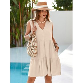 Simplee Women’s Sleeveless Linen Summer Dress Casual Button Down Mini Dress Flowy Beach Sundress with Pockets(Apricot S)