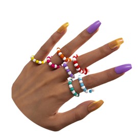 Sttiafay 7Pcs Colorful Beaded Stackable Resin Ring Bohemian Elastic Adjustable Ring Index Finger Knuckle Ring Set Gift for Women and Kids, colorful