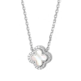 SweetJew Four Leaf Clover Pendant 925 Sterling Silver Necklaces for Women Pave 28 Round Moissanite Stone and Mother of Pearl Gift for Her 18 Inch White Chain