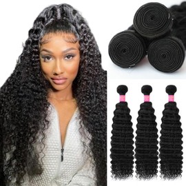 LICHANG Deep Wave Human Hair Bundle 18 20 22 Inchs 12A Human Hair Bundle 100% Unprocessed Brazilian Curly Wet Wavy Texture 3 Bundles Deep Wave Natural Black for Women