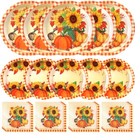 Cheery Land Sunflower Plates and Napkins Set for 50 Guests – Disposable Fall Party Supplies, Pumpkin Design for Sunflower Party Decoration