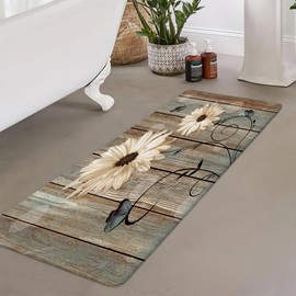 Rustic White Floral Bath Rug , Flower and Butterflies on Old Wooden Board Farmhouse Non Slip Bath Mats, Barn Wood Vintage Daisy Bath Rug Sets for Bathroom Bedroom Kitchen Outdoor Indoor,16x48Inch