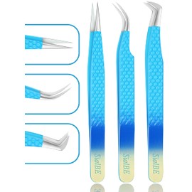 Eyelash Extension Tweezers-3 Pcs Diamond Grip Lash tweezers For Eyelash Extensions-SialBE Straight And Curved L-Shape Eyelash Tweezers, Tweezers For Eyelash Extensions With Silver Tip, Sam-333