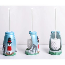 JIUJ Compact Toilet Brush Bathroom Toilet Brush Holder Cartoon Lighthouse Resin Toilet Scrubber Set Blue