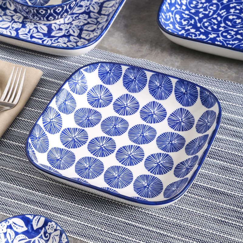 Selamica Porcelain 8-inch Square Dinner Plates, Salad Pasta Bowls, Set