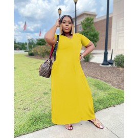 TOPSRANI Womens Plus Size Maxi Dresses for Women Oversize Casual Short Sleeve V Neck Loose Plain Solid Trendy Summer Dress Yellow 2XL