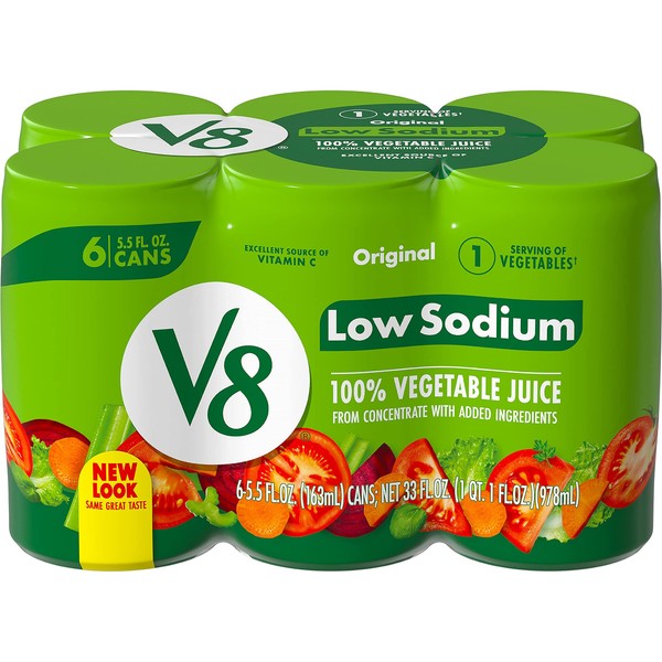 V8 Low Sodium Original 100% Vegetable Juice, 5.5 oz. can (4 packs of 6, total of 24)