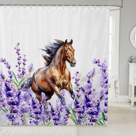 Manfei Horse Kids Shower Curtains,Lavender Flowers Dreamy Bathroom Curtains for Boys Girls Adults,Florals Animals Rustic Farmhouse Purple Romantic Waterproof Curtains,12 Hooks Suits,72" W x 72" L