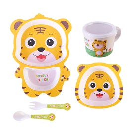 Fekdod Bamboo Kids Dinnerware Set 5 Pcs Includes Plate Bowl Cup Fork Spoon Perfect for Kids BPA-Free (Tiger)