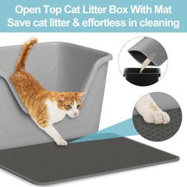 2 Sets XL High Sided Extra Large Litter Box for Big Cats, 25 “x17 ”x14” Deep Litter Box for High Spraying Cats, Open Top Low Entry Litter Box with Scoop and Large Cat Litter Mat(Grey)