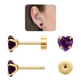 Heart Flat Back Stud Earrings 5mm Tiny Hypoallergenic Screw Back Earrings for Women, Handmade Birthstone Earring 14k Gold CZ Earrings for Her (Feb Amethyst, golden)