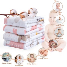 Viviland Viviland Baby Muslin Burp Cloths, 100% Cotton Super Absorbent Washcloths 4 Pack, 10 x 20 inches 6-Layer Bath Towel, Great Shower Gift, Pink Heart and Star
