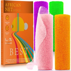 4 African Net Sponge Mesh Long Mesh Bath Sponges - Exfoliates and Refreshes Skin for a Silky Smooth Shower Experience (Purple, Pink, Green, Orange)