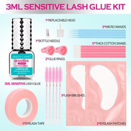 Sensitive Lash Glue Kit 3-5s Drying Time 5-6 Weeks Retention Eyelash Extension Maximum Bonding Power Long Lasting Black Eyelash Glue with Tools(3ml)