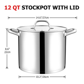 LIANYU 12 Quart Stainless Steel Stock Pot, Large Cooking Pot with Glass Lid, 12QT Heavy Duty Stockpot for Induction, Stoves, Deep Soup Pot with Triply Base&Riveted Handles, Dishwasher Safe
