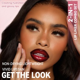 HOSAILY Lip Combo – 2 in 1 Dual-Ended Lip Liner Lipstick & Gloss Kit, Black Red Cherry Juicy Lip Mirror Effect, Velvet Matte Lip Liner Smooth Buildable Glass Quick Fuller Lip Plumping Set for Women02#