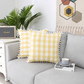 ZJDECOR ZJ 20×20 Inch Yellow White Rustic Buffalo Check Decorative Throw Pillows Covers,Gingham Farmhouse Bright Color Plaid Pillow Cases with Pompoms for Sofa Couch Car Bedroom Set of 2