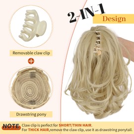 KooKaStyle Ponytail Extension, 10" Short Claw Clip in Pony Tails Hair Extensions Curly Wavy Synthetic Drawstring Hairpieces for Women(Light Ash Blonde)