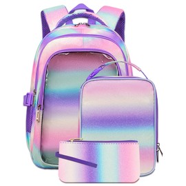 Mermaid Gradient Glitter Backpacks for Girls with Lunch Box for Kids Bookbag for Age 4-6 6-8 8-10 School Bag for Primary Kindergarten Elementary Pre School Aesthetic Lightweight Mochila Para Niñas