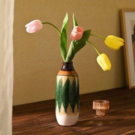 VICTOR&TERESA Vase Deko für Zuhause,Pfau Grün & Beige Porzellan blumenvase,vase für tulpen,Moderne Bauernhaus Vase für Tisch,Kaminsims Akzent,Bücherregal,Wohnzimmer & Tafelaufsatz,Geschenk 23cm