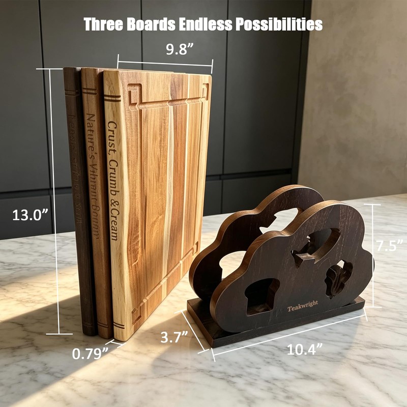 Teak Wood Book Cutting Board Set of 3 with Display