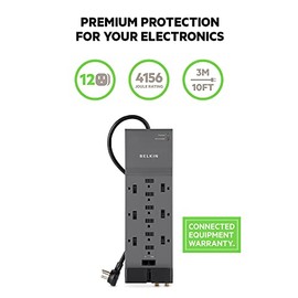 Belkin BE112234-10 Protector contra sobretensiones de 12 salidas de Teléfono / Ethernet / protección coaxial, cable 3.04 metros, Gris