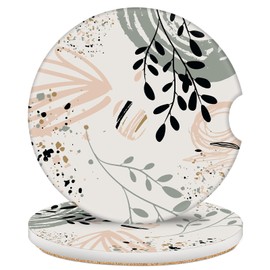 2 Pack Car Coasters for Cup Holders, 2.56 in Absorbent Ceramic Stone Cute Car Cup Holder Coaster with Finger Notch, Non-Slip Cork Base Car Accessories Decor Drink Coasters for Women Men(Boho Leaf)