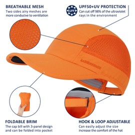 GADIEMKENSD Men Folding Running Hats Long Brim Golf Hat Dry Fit Ball Caps Unstructured Breathable Lightweight SPF 50 Cooling Cap for Outdoor Sport Hiking Workout Gym Tennis Orange