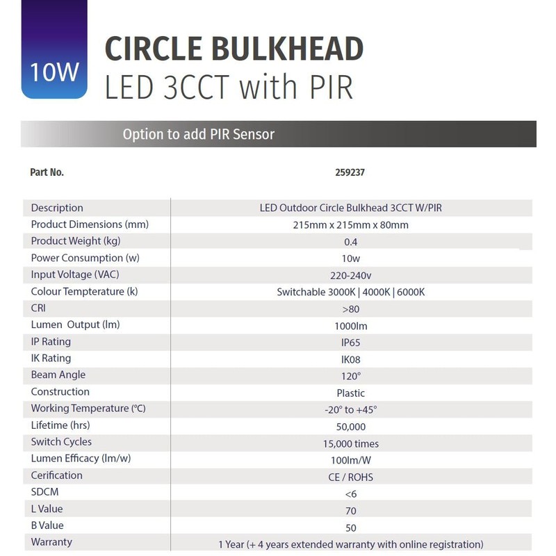 Bright Source Outdoor 10w LED Black Circle Bulkhead Black, IP44,